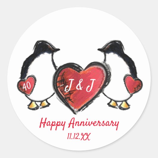 Penguin 40th ruby bruiloft ronde sticker (Voorkant)