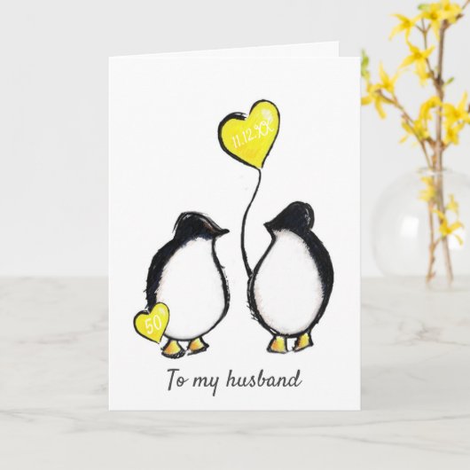 Penguin 50e Gouden huwelijksverjaardag echtgenoot Kaart (Gele Bloem)