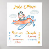 Penguin Airplane Blue Baby Boy Stats Poster (Voorkant)