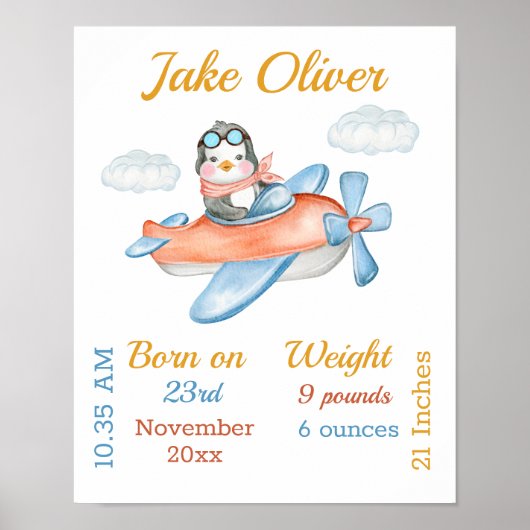 Penguin Airplane Blue Baby Boy Stats Poster (Voorkant)