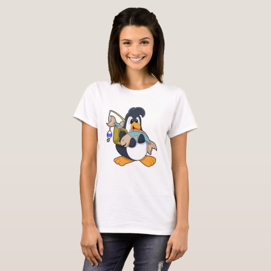 Penguin als Angler met vis T-shirt (Voorkant volledig)