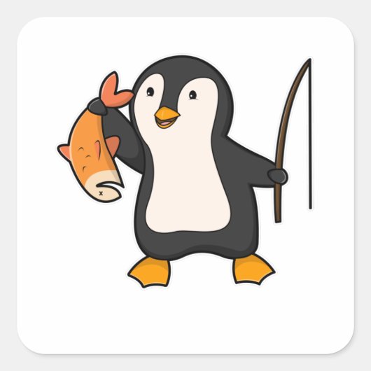 Penguin als Angler met vis Vierkante Sticker (Voorkant)