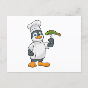 Penguin als Cook met schort voor vis en koken Briefkaart