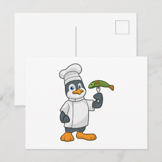 Penguin als Cook met schort voor vis en koken Briefkaart (Voorkant / Achterkant)