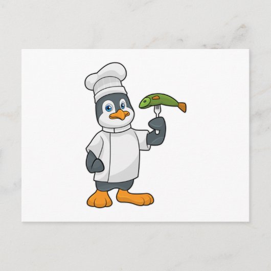 Penguin als Cook met schort voor vis en koken Briefkaart (Voorkant)