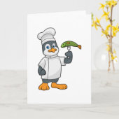 Penguin als Cook met schort voor vis en koken Kaart (Gele Bloem)