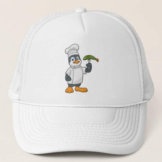 Penguin als Cook met schort voor vis en koken Trucker Pet (Voorkant)