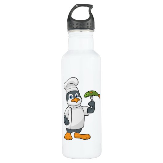 Penguin als Cook met schort voor vis en koken Waterfles (Voorkant)