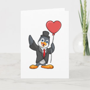 Penguin als Groom met Heart Ballon Kaart