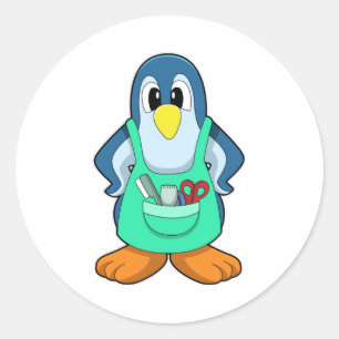 Penguin als hairdresser met schaar en schaar ronde sticker