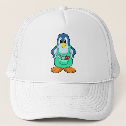 Penguin als hairdresser met schaar en schaar trucker pet (Voorkant)