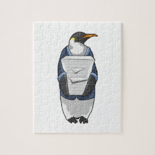 Penguin als secretaris met papier legpuzzel