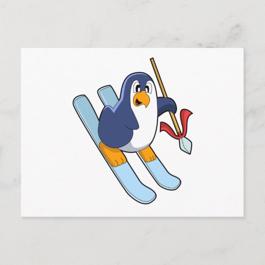 Penguin als Skier met Ski Briefkaart (Voorkant)
