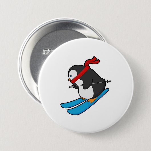Penguin als Skier met Ski Ronde Button 7,6 Cm (Voorkant /achterkant)