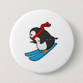 Penguin als Skier met Ski Ronde Button 7,6 Cm (Voorkant)