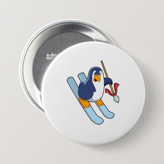 Penguin als Skier met Ski Ronde Button 7,6 Cm (Voorkant /achterkant)