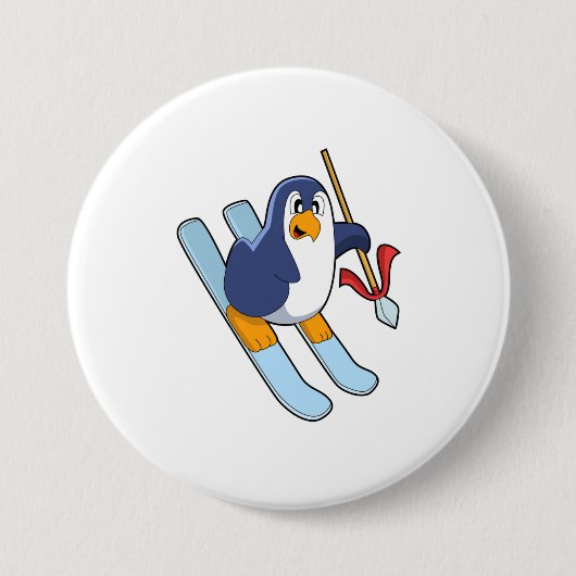 Penguin als Skier met Ski Ronde Button 7,6 Cm (Voorkant)