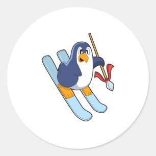 Penguin als Skier met Ski Ronde Sticker