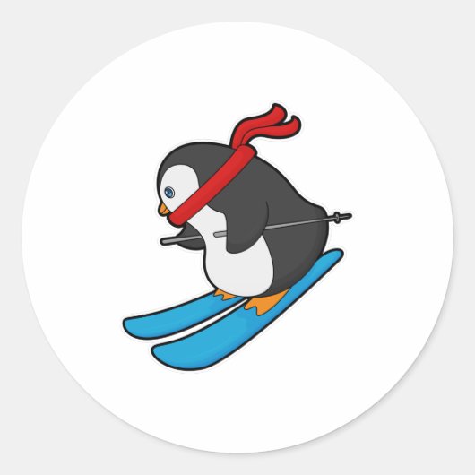 Penguin als Skier met Ski Ronde Sticker (Voorkant)