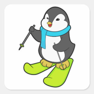 Penguin als Skier met Ski Vierkante Sticker