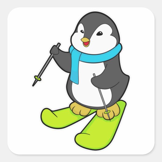 Penguin als Skier met Ski Vierkante Sticker (Voorkant)