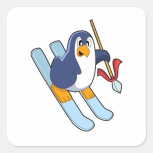 Penguin als Skier met Ski Vierkante Sticker