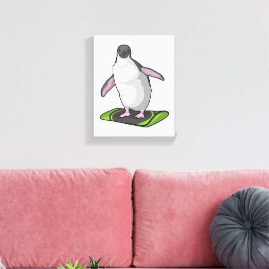 Penguin als Snowboarder met Snowboard Canvas Afdruk (Insitu (Woonkamer))