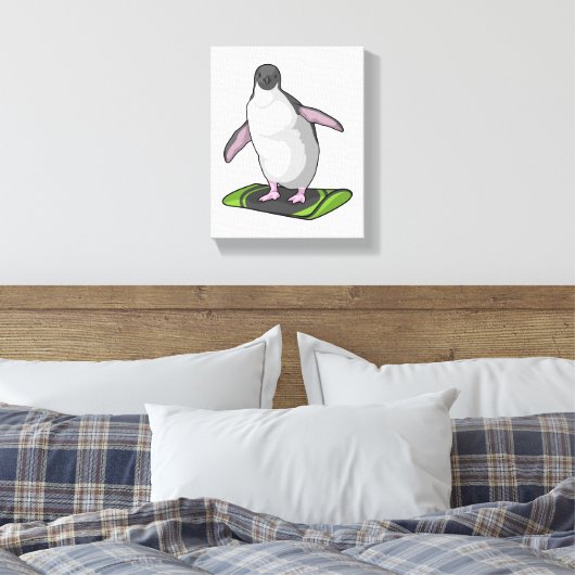 Penguin als Snowboarder met Snowboard Canvas Afdruk (Insitu (Slaapkamer))