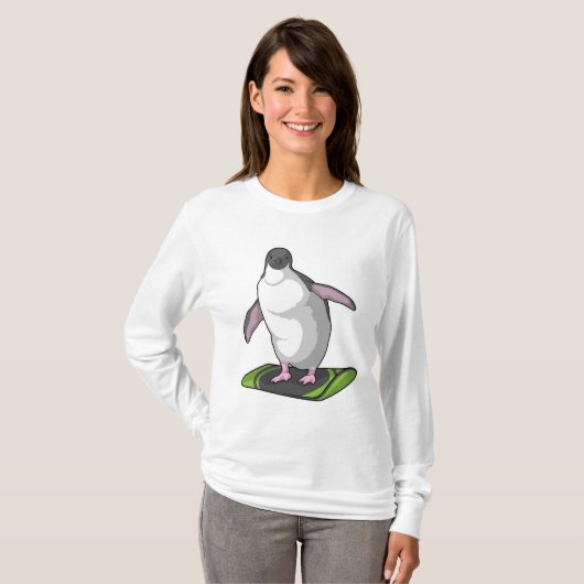 Penguin als Snowboarder met Snowboard T-shirt (Voorkant volledig)