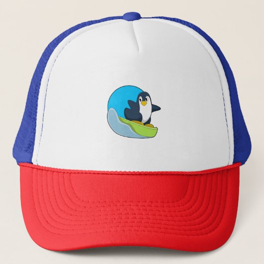 Penguin als Snowboarder met Sonowboard.PNG Trucker Pet (Voorkant)