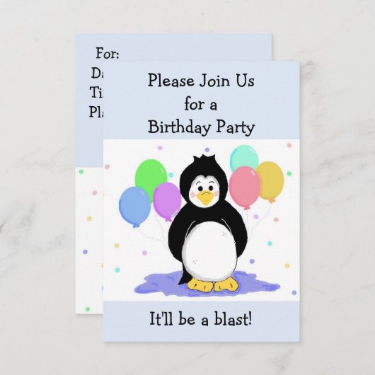 Penguin and Balloons Birthday Invitation Kaart (Voorkant / Achterkant)