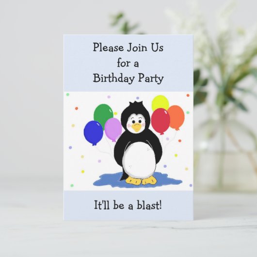 Penguin and Balloons Birthday Invitation Kaart (Staand voorkant)