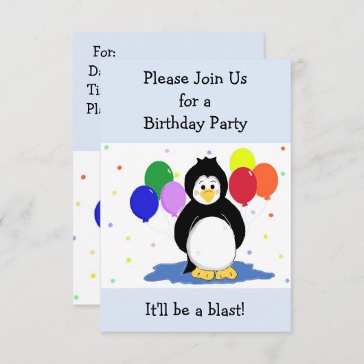 Penguin and Balloons Birthday Invitation Kaart (Voorkant / Achterkant)