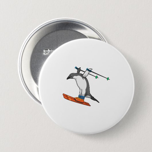 Penguin as Ski jumper with Ski Ronde Button 7,6 Cm (Voorkant /achterkant)