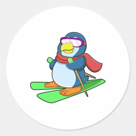 Penguin as Skier met Ski Scarf en zonnebrillen Ronde Sticker (Voorkant)