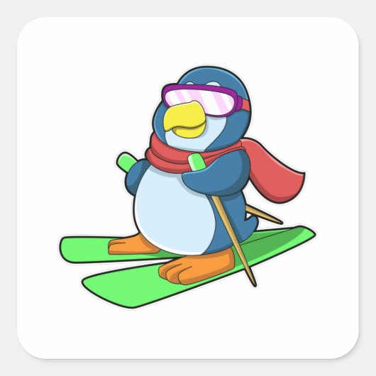 Penguin as Skier met Ski Scarf en zonnebrillen Vierkante Sticker (Voorkant)