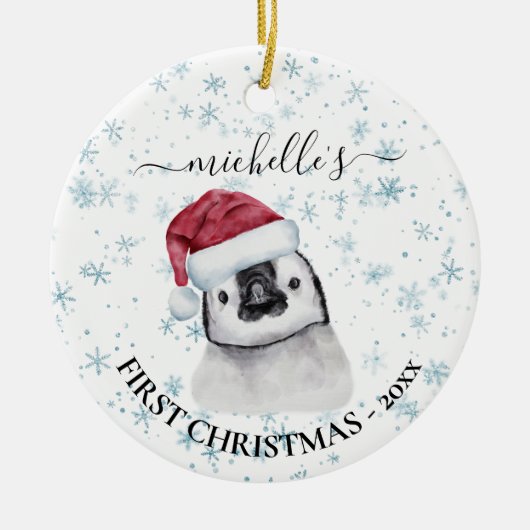 Penguin Baby First Kerstmonogram Naam Keramisch Ornament (Voorkant)