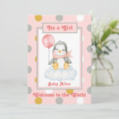 Penguin Baby Girl Roze Geboorte Aankondiging (Staand voorkant)