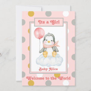 Penguin Baby Girl Roze Geboorte Aankondiging