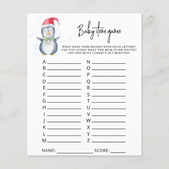 Penguin - Baby Item spel. Baby shower spel (Voorkant)