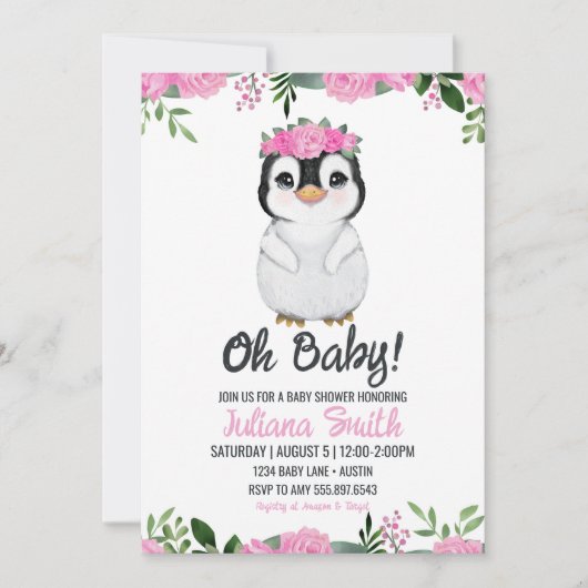 Penguin Baby shower Bloemen Roze Zwart Kaart (Voorkant)