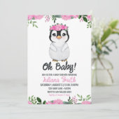 Penguin Baby shower Bloemen Roze Zwart Kaart (Staand voorkant)