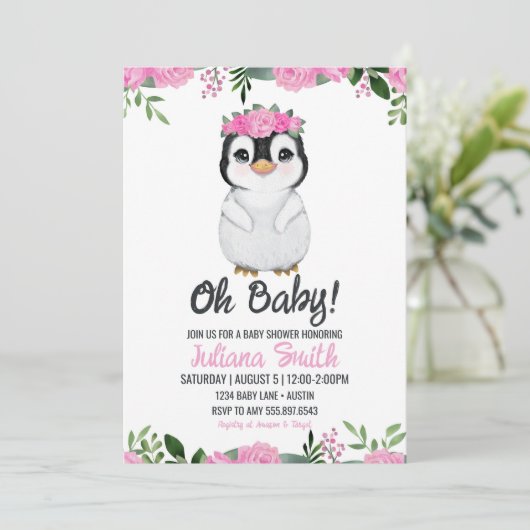 Penguin Baby shower Bloemen Roze Zwart Kaart (Staand voorkant)