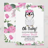 Penguin Baby shower Bloemen Roze Zwart Kaart (Voorkant / Achterkant)