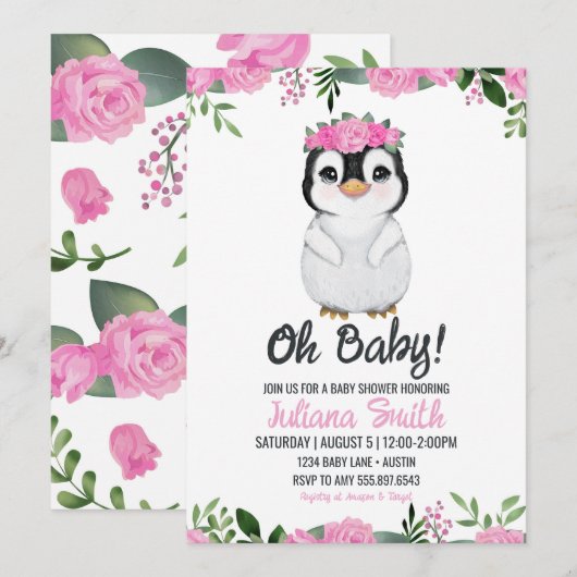 Penguin Baby shower Bloemen Roze Zwart Kaart (Voorkant / Achterkant)