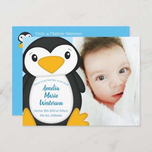 Penguin Baby shower Blue Briefkaart (Voorkant / Achterkant)