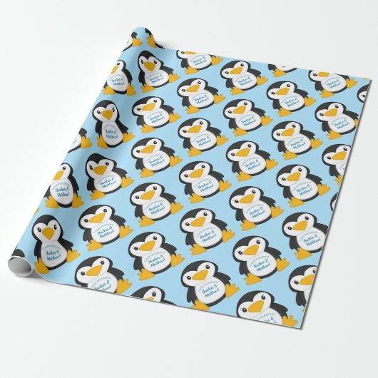 Penguin Baby shower Blue Cadeaupapier (Uitgerold)