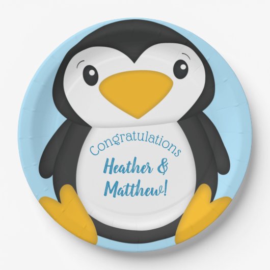 Penguin Baby shower Blue Papieren Bordje (Voorkant)