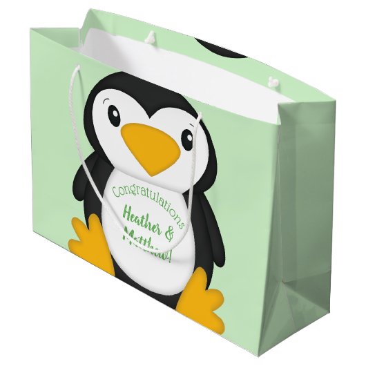 Penguin Baby shower Green Groot Cadeauzakje (Achterkant Gekanteld)