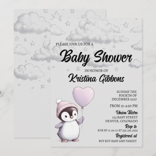 Penguin Baby shower Kaart (Voorkant / Achterkant)